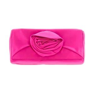 J.Crew Magenta Silk Clutch with Rose Embellishment and Chocolate Interior